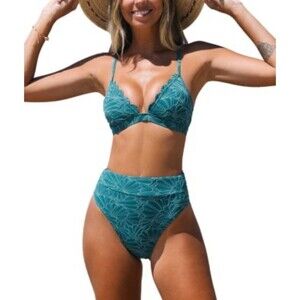 Cupshe Women's Bikini Scalloped Cross Back High Waist Bathing Suit Swimsuit M